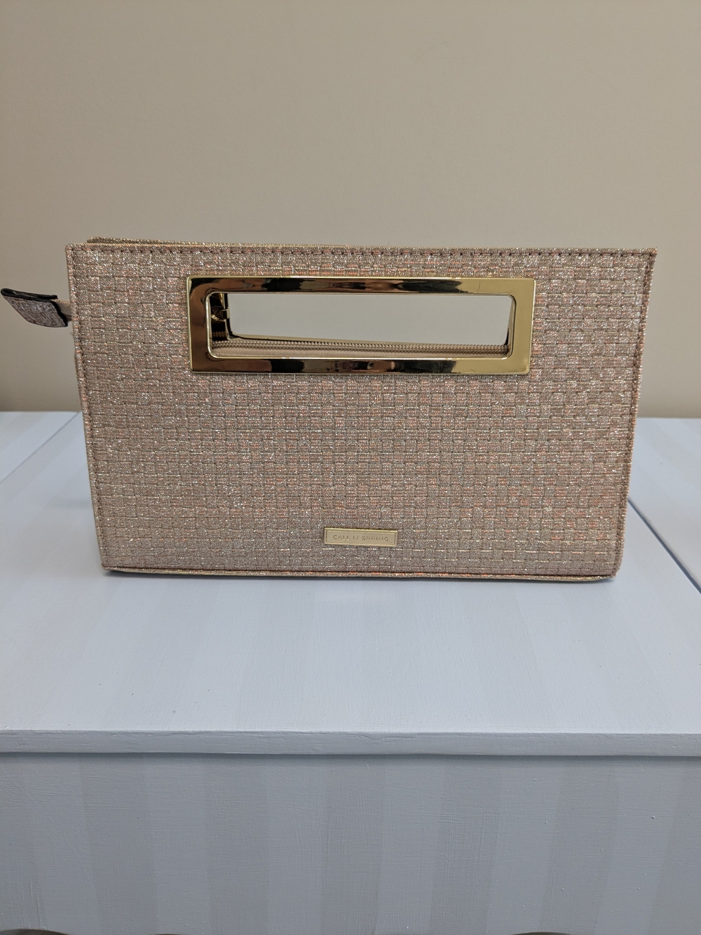 Call It Spring Rose Gold Metallic Wristlet Clutch with Gold Handle